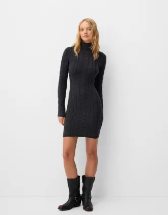 Vestido corto de punto trenzado con cuello alto Dark grey