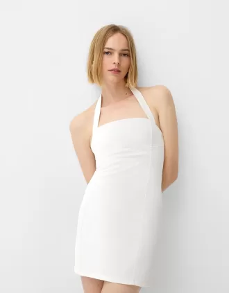 Vestido corto de sarga con cuello halter Cream