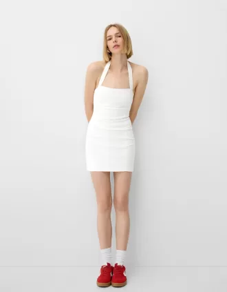 Vestido corto de sarga con cuello halter Cream