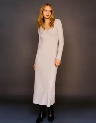 Vestido largo con cuello en V y tacto suave Grey