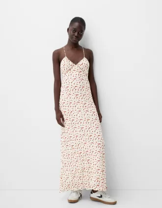 Vestido largo de crepé con tirantes Cream