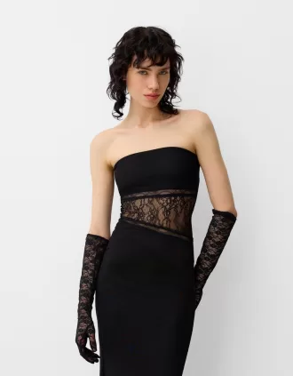 Vestido largo de encaje con escote bandeau Black