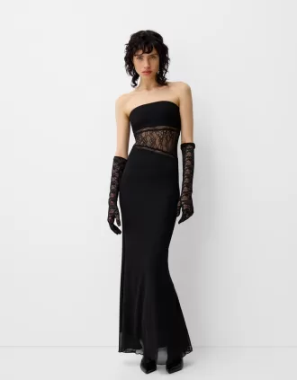 Vestido largo de encaje con escote bandeau Black