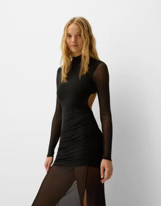 Vestido largo de tul de manga larga Black