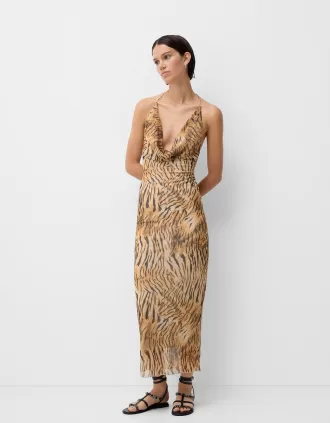 Vestido largo de tul tirantes Beige