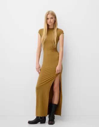 Vestido largo fruncido con abertura lateral Green