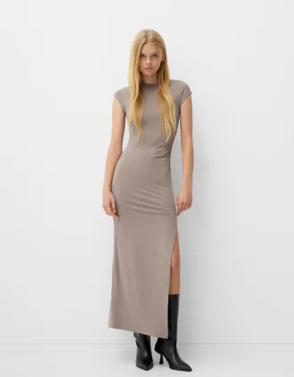 Vestido largo fruncido con abertura lateral Grey