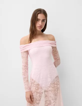 Vestido midi Disney Bambi con escote Bardot y encaje Pink