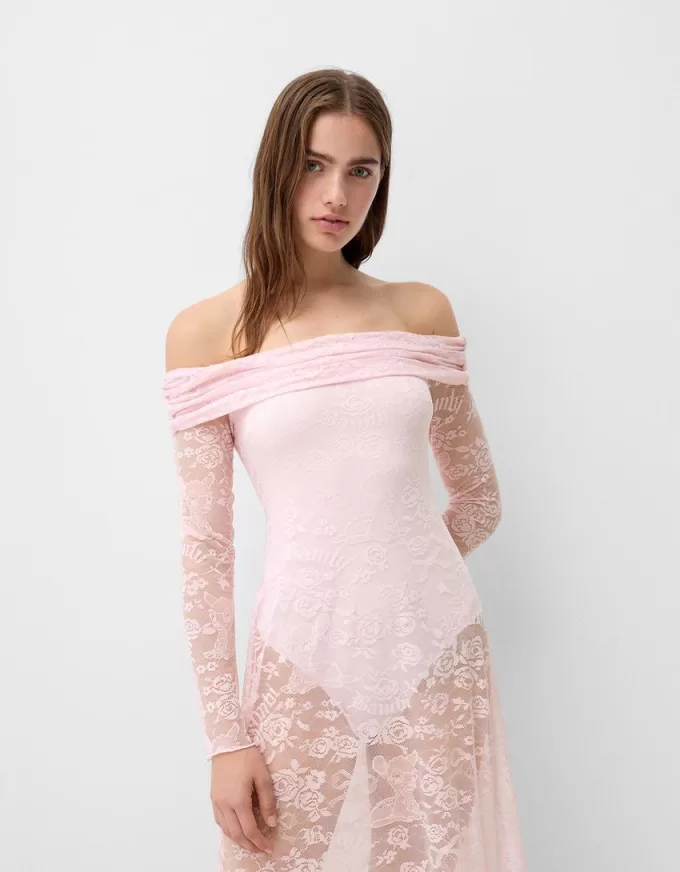 Vestido midi Disney Bambi con escote Bardot y encaje Pink