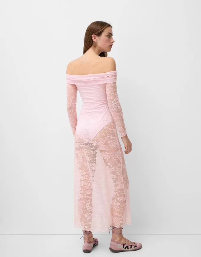 Vestido midi Disney Bambi con escote Bardot y encaje Pink