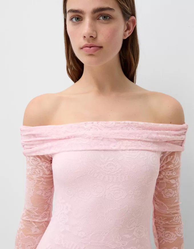 Vestido midi Disney Bambi con escote Bardot y encaje Pink