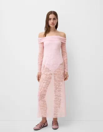 Vestido midi Disney Bambi con escote Bardot y encaje Pink