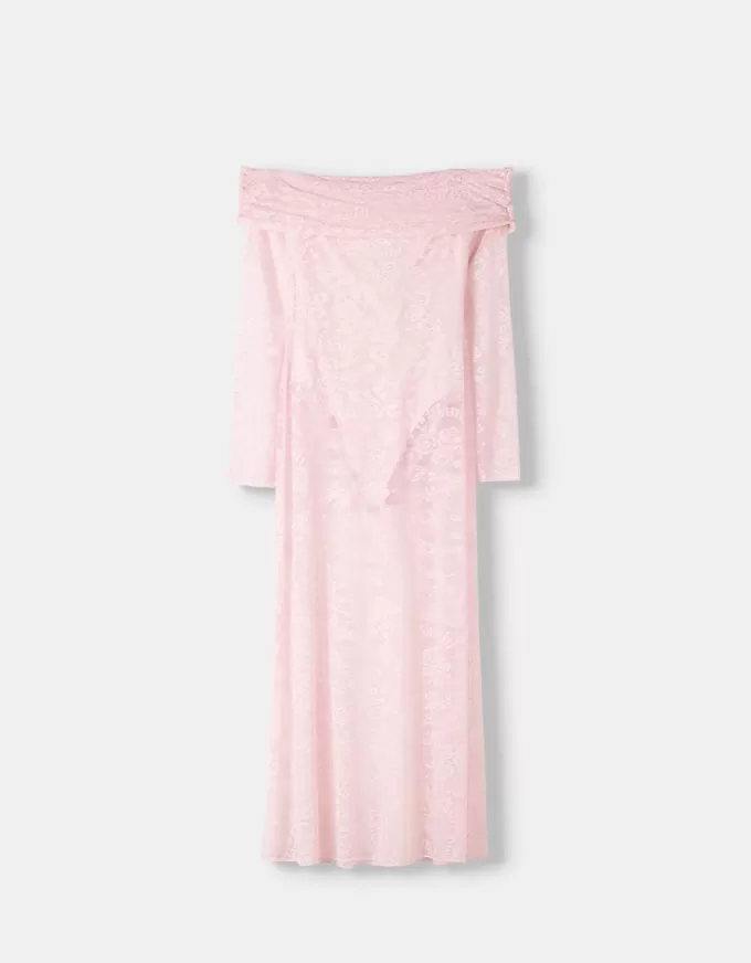 Vestido midi Disney Bambi con escote Bardot y encaje Pink