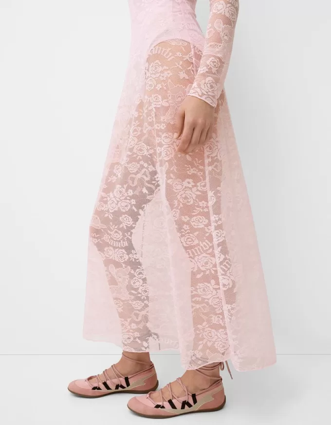 Vestido midi Disney Bambi con escote Bardot y encaje Pink