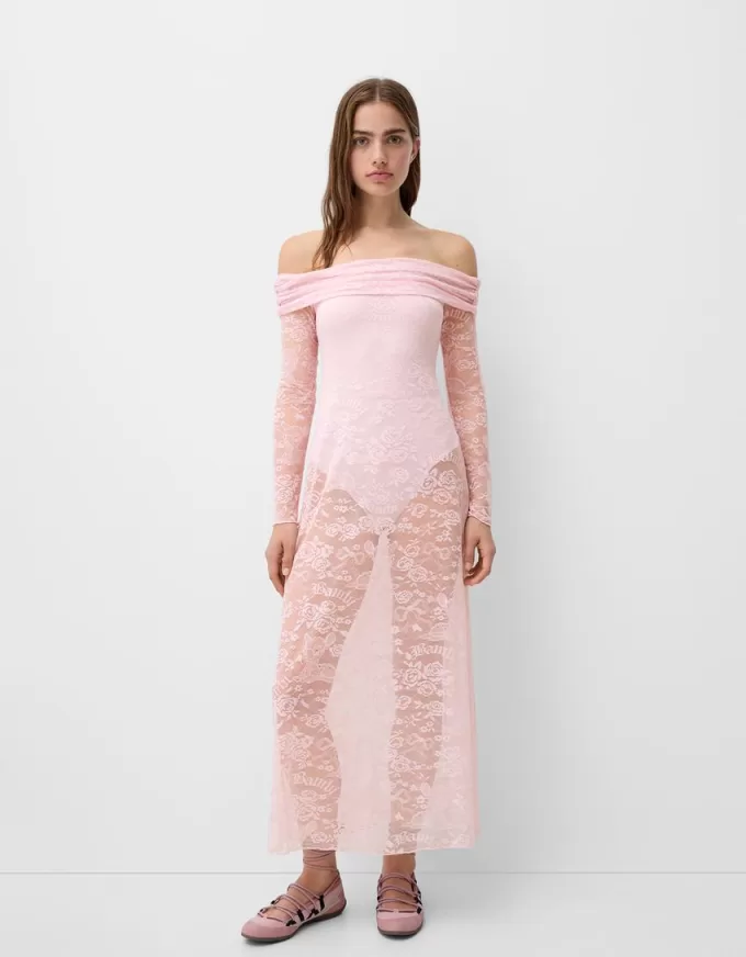 Vestido midi Disney Bambi con escote Bardot y encaje Pink