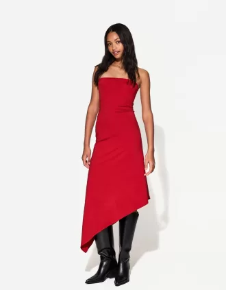 Vestido midi asimétrico con hombros descubiertos Red