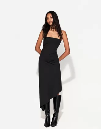 Vestido midi asimétrico con hombros descubiertos Black