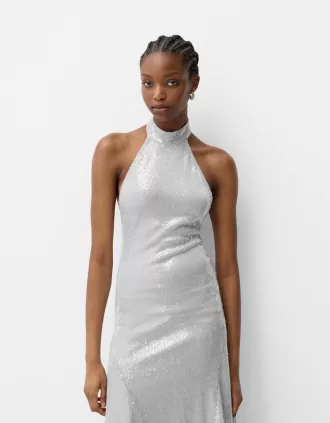 Vestido midi con cuello halter y lentejuelas Silver