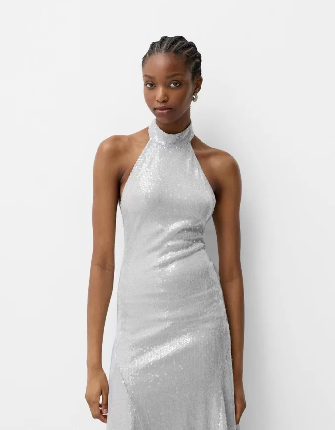 Vestido midi con cuello halter y lentejuelas Silver