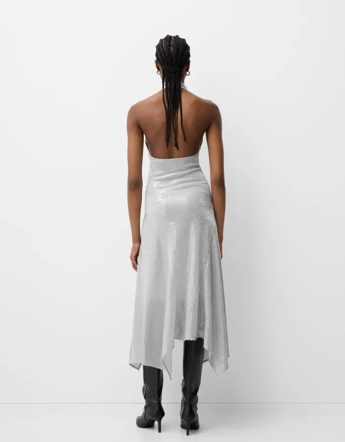 Vestido midi con cuello halter y lentejuelas Silver