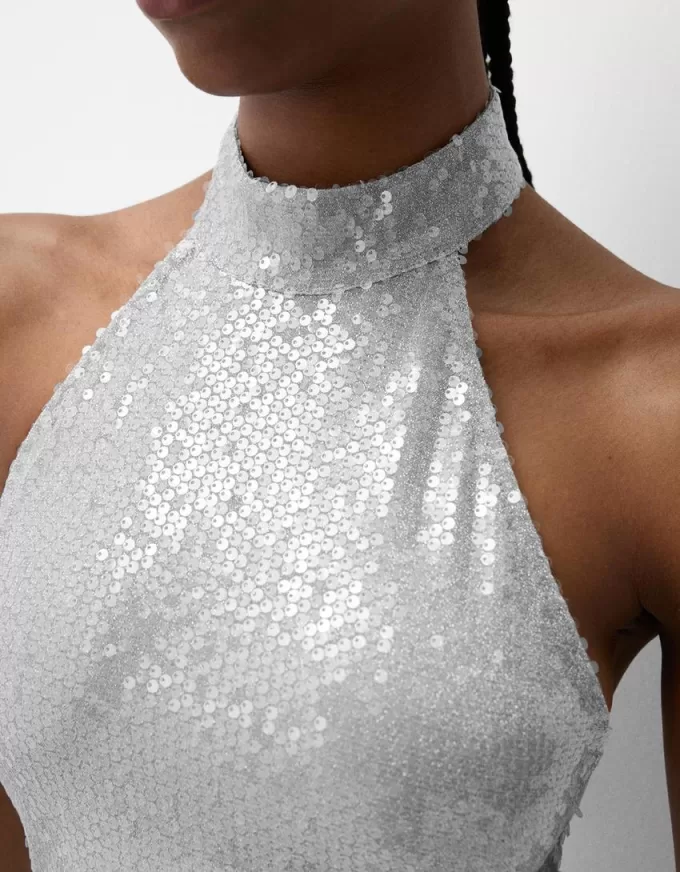 Vestido midi con cuello halter y lentejuelas Silver