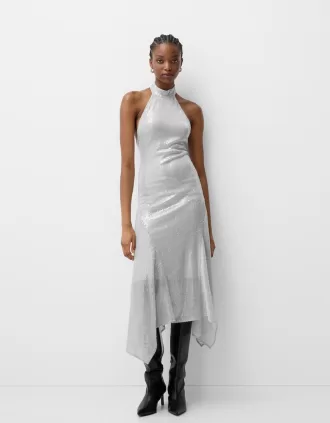 Vestido midi con cuello halter y lentejuelas Silver