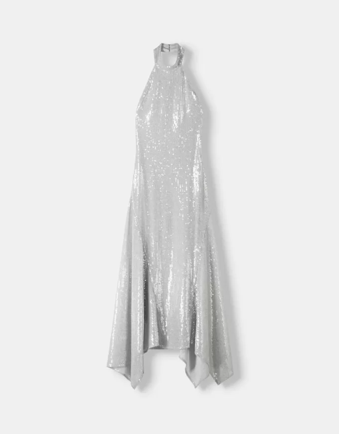 Vestido midi con cuello halter y lentejuelas Silver