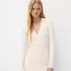 Vestido midi de canalé con cuello tipo polo Cream Vestido midi de canalé con cuello tipo polo Cream