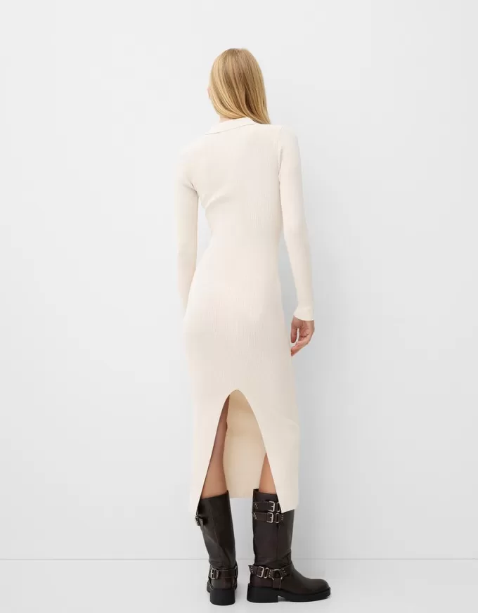 Vestido midi de canalé con cuello tipo polo Cream Vestido midi de canalé con cuello tipo polo Cream