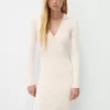 Vestido midi de canalé con cuello tipo polo Cream Vestido midi de canalé con cuello tipo polo Cream
