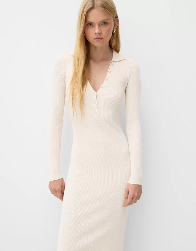 Vestido midi de canalé con cuello tipo polo Cream Vestido midi de canalé con cuello tipo polo Cream