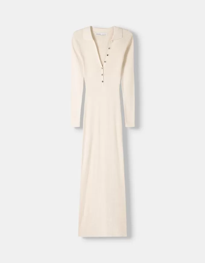 Vestido midi de canalé con cuello tipo polo Cream Vestido midi de canalé con cuello tipo polo Cream