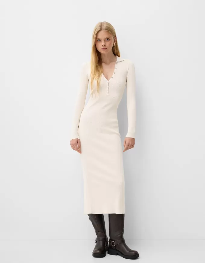 Vestido midi de canalé con cuello tipo polo Cream Vestido midi de canalé con cuello tipo polo Cream