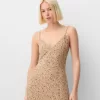 Vestido midi de crepé estampado con volantes Khaki Vestido midi de crepé estampado con volantes Khaki