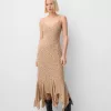 Vestido midi de crepé estampado con volantes Khaki Vestido midi de crepé estampado con volantes Khaki