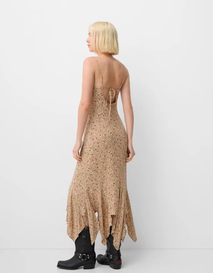 Vestido midi de crepé estampado con volantes Khaki Vestido midi de crepé estampado con volantes Khaki