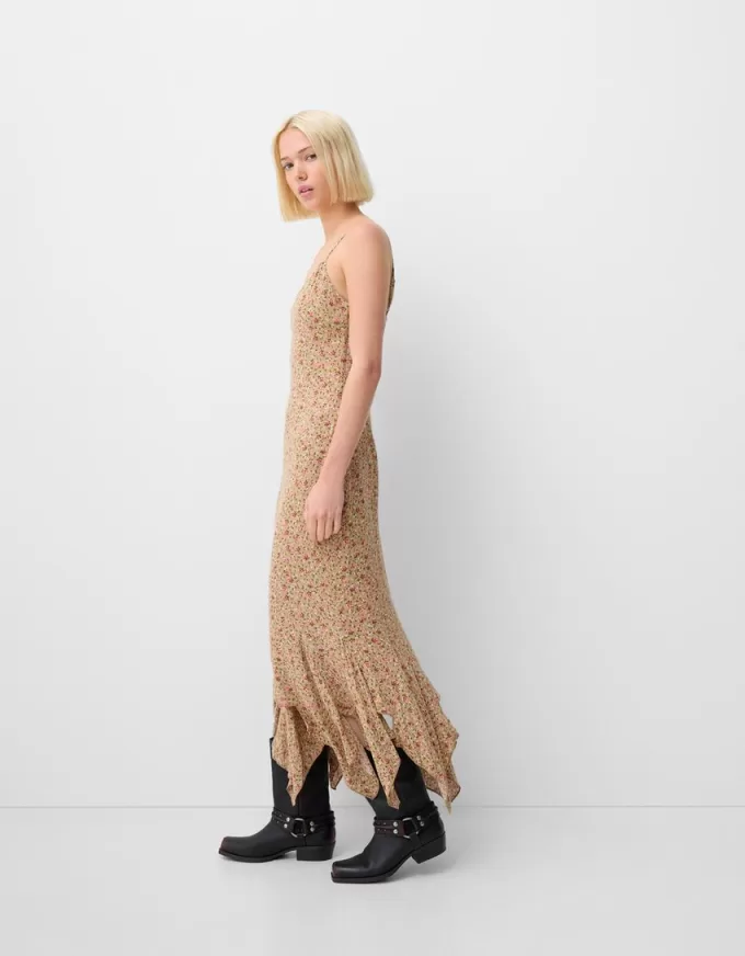 Vestido midi de crepé estampado con volantes Khaki Vestido midi de crepé estampado con volantes Khaki