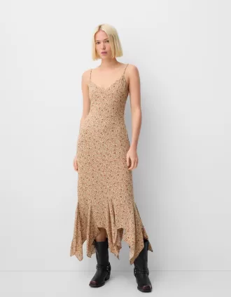 Vestido midi de crepé estampado con volantes Khaki