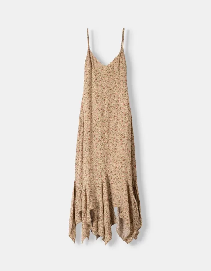 Vestido midi de crepé estampado con volantes Khaki Vestido midi de crepé estampado con volantes Khaki