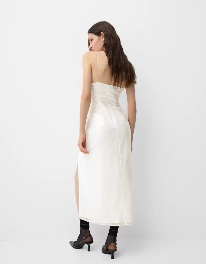 Vestido midi de encaje con lentejuelas White