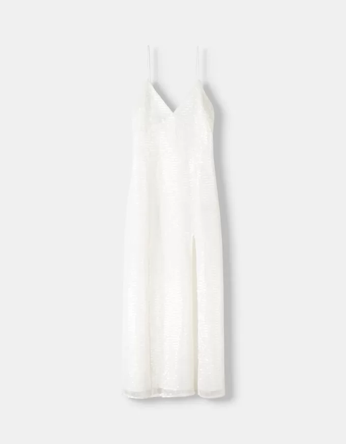 Vestido midi de encaje con lentejuelas White