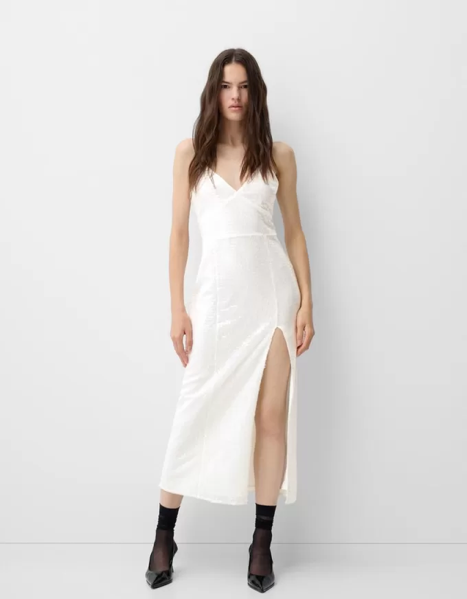 Vestido midi de encaje con lentejuelas White