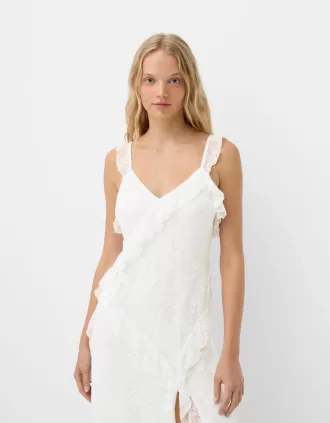 Vestido midi de encaje con tirantes Off white