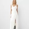 Vestido midi de encaje con tirantes Off white