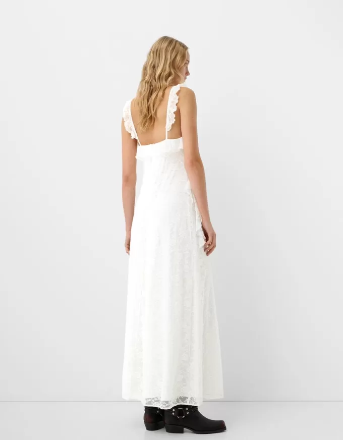 Vestido midi de encaje con tirantes Off white