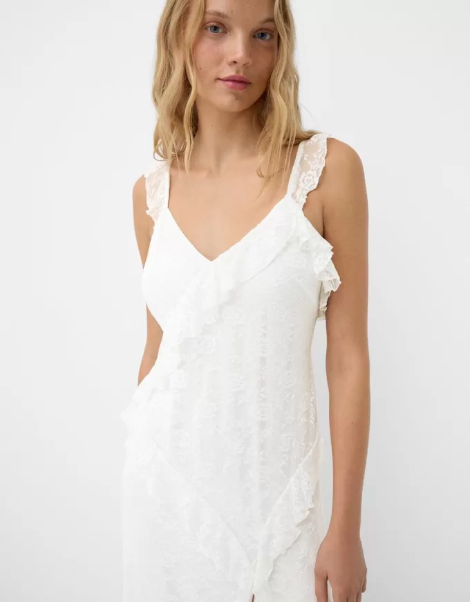 Vestido midi de encaje con tirantes Off white