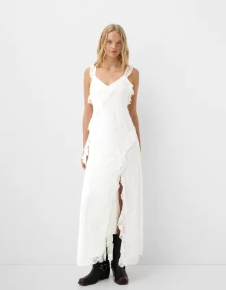 Vestido midi de encaje con tirantes Off white
