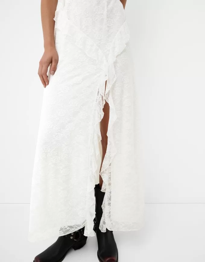Vestido midi de encaje con tirantes Off white