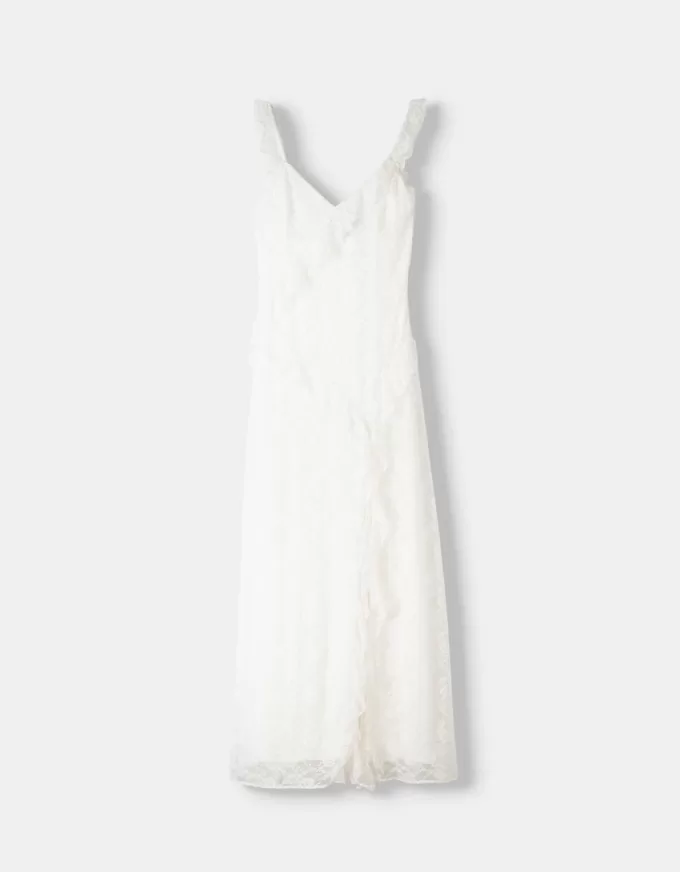 Vestido midi de encaje con tirantes Off white