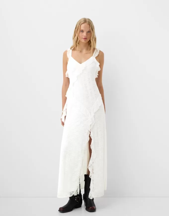 Vestido midi de encaje con tirantes Off white